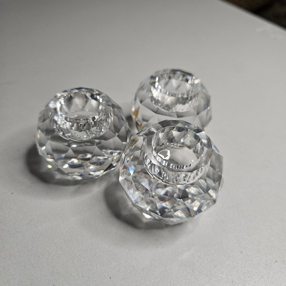 Vtg Swarovski Crystal Faceted Globe Candle Holder Set of 3 Clear Glass Decor